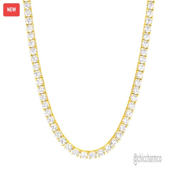 14K Gold Plated Tennis Necklace 3mm CZ Adjustable 15-18 Inch Chain